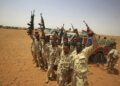 Members of Sudanese paramilitary Rapid Support Forces (RSF) celebrate as they lead dozens of African nationals, caught as they tried to cross into Libya illegally, in front of the media a desert area called Gouz Abudloaa, about 100 kilometres north of Khartoum, on September 25, 2019. Sudanese paramilitaries said they have captured 138 Africans, including dozens of Sudanese, trying to enter neighbouring Libya illegally. (Photo by ASHRAF SHAZLY / AFP)