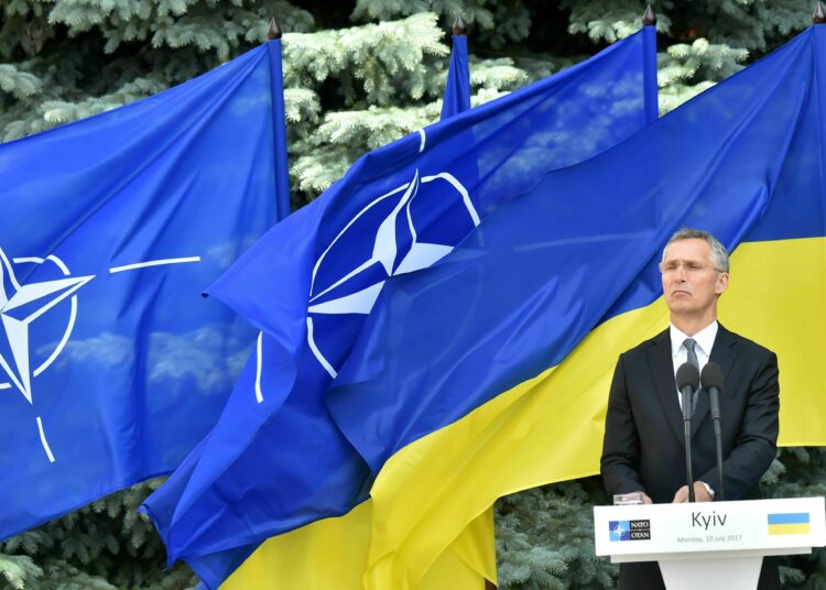 NATO Secretary General Jens Stoltenberg stands during a press conference with Ukrainian President  in Kiev on July 10, 2017. 
?NATO chief Jens Stoltenberg  pledged the alliance's support for Ukraine as it faces a bloody insurgency by pro-Russian separatists in its eastern regions. / AFP PHOTO / Sergei SUPINSKY        (Photo credit should read SERGEI SUPINSKY/AFP via Getty Images)