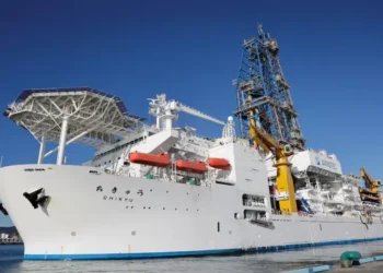 Japan’s drilling-equipped research vessel Chikyu departs from Shimizu port to conduct a test recovery of rare-earth–rich mud near Minamitori Island in Shimizu, Shizuoka prefecture, Japan, on Monday. – Reuters
