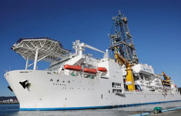 Japan’s drilling-equipped research vessel Chikyu departs from Shimizu port to conduct a test recovery of rare-earth–rich mud near Minamitori Island in Shimizu, Shizuoka prefecture, Japan, on Monday. – Reuters