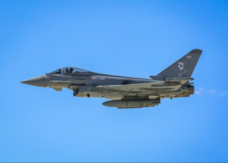 A Eurofighter Typhoon jet from the Royal Air Force Typhoon Display Team performs during 10th edition of Sivrihisar Air Shows in Sivrihisar district of Eskisehir, Sept. 20, 2025. (AA Photo)